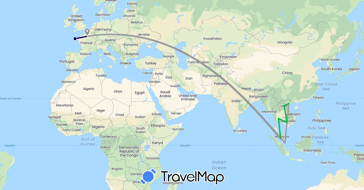 TravelMap itinerary: driving, bus, plane in France, Cambodia, Laos, Malaysia, Singapore, Thailand, Vietnam (Asia, Europe)